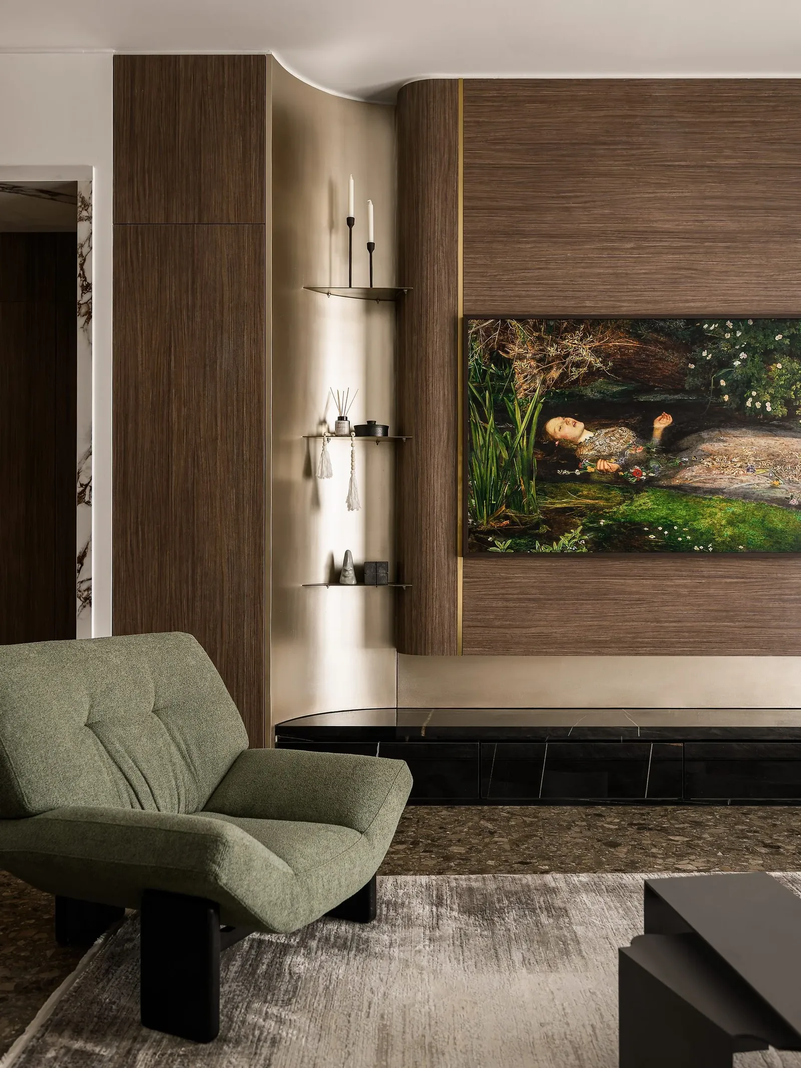 JW Marriott Residences — Armchair beside the walnut wall and painting