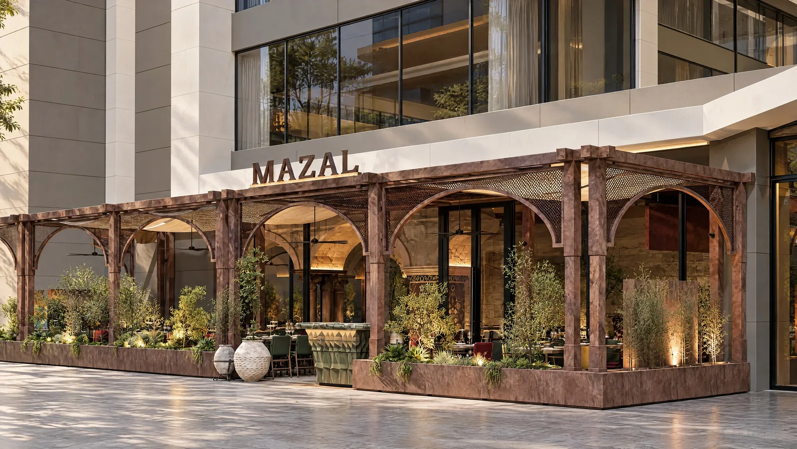 Mazal — Terrace pergola seen from the street