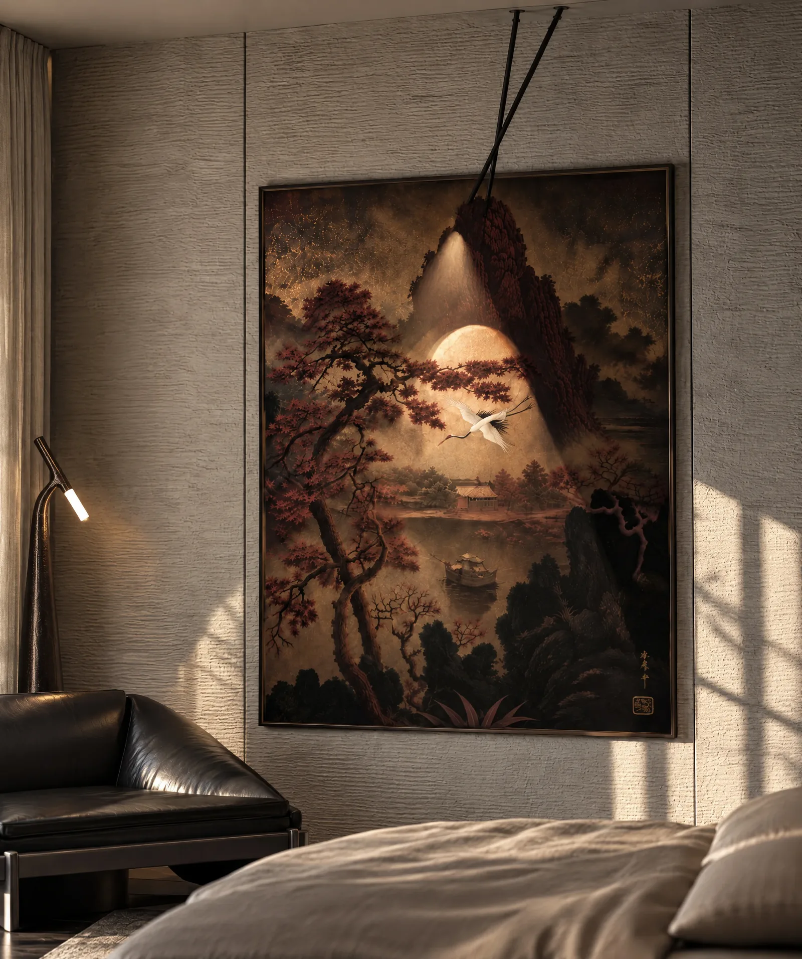 House of Tsuba — Master bedroom with a landscape painting