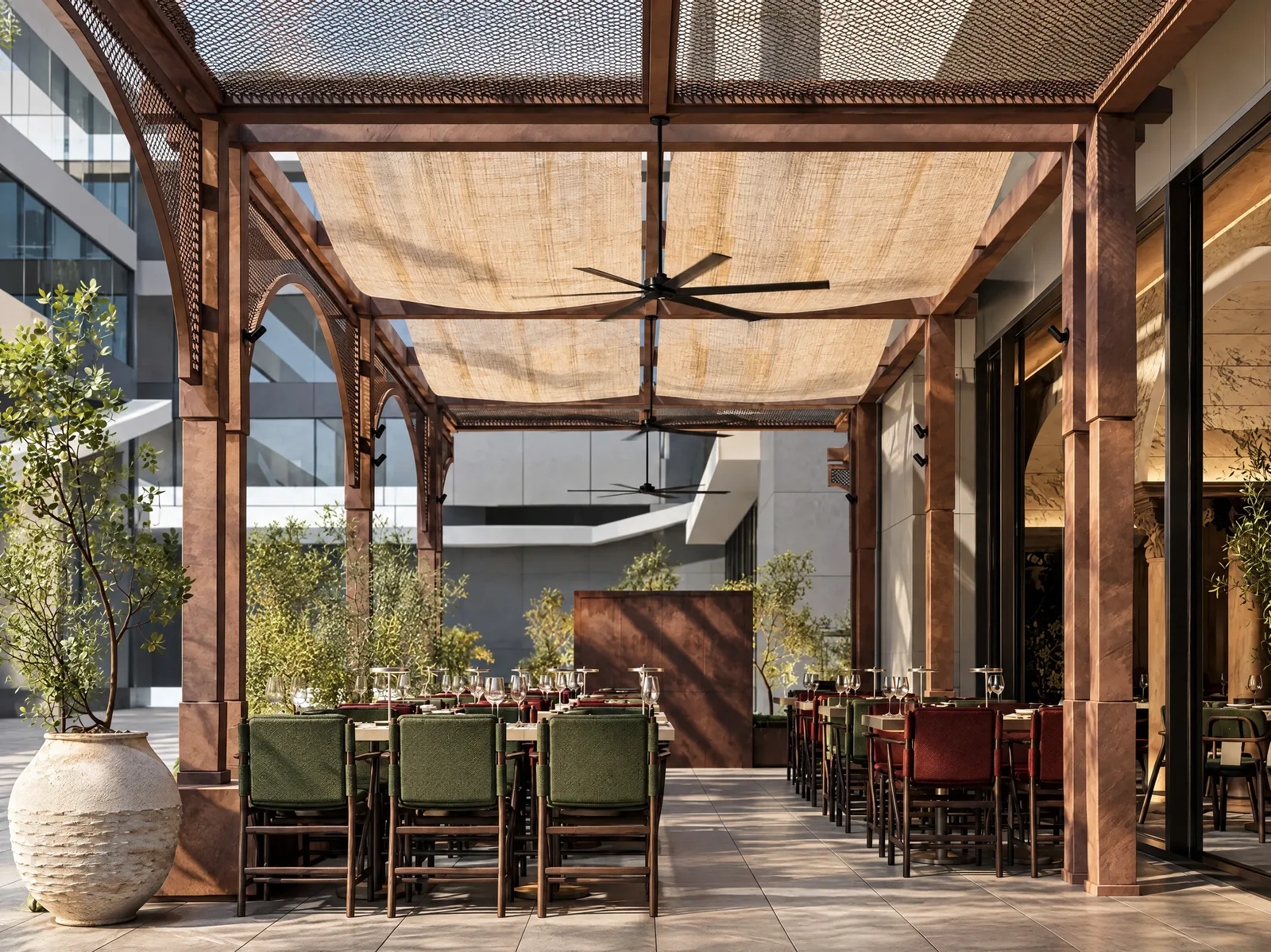 Mazal — Terrace with ceiling fans and olive planters