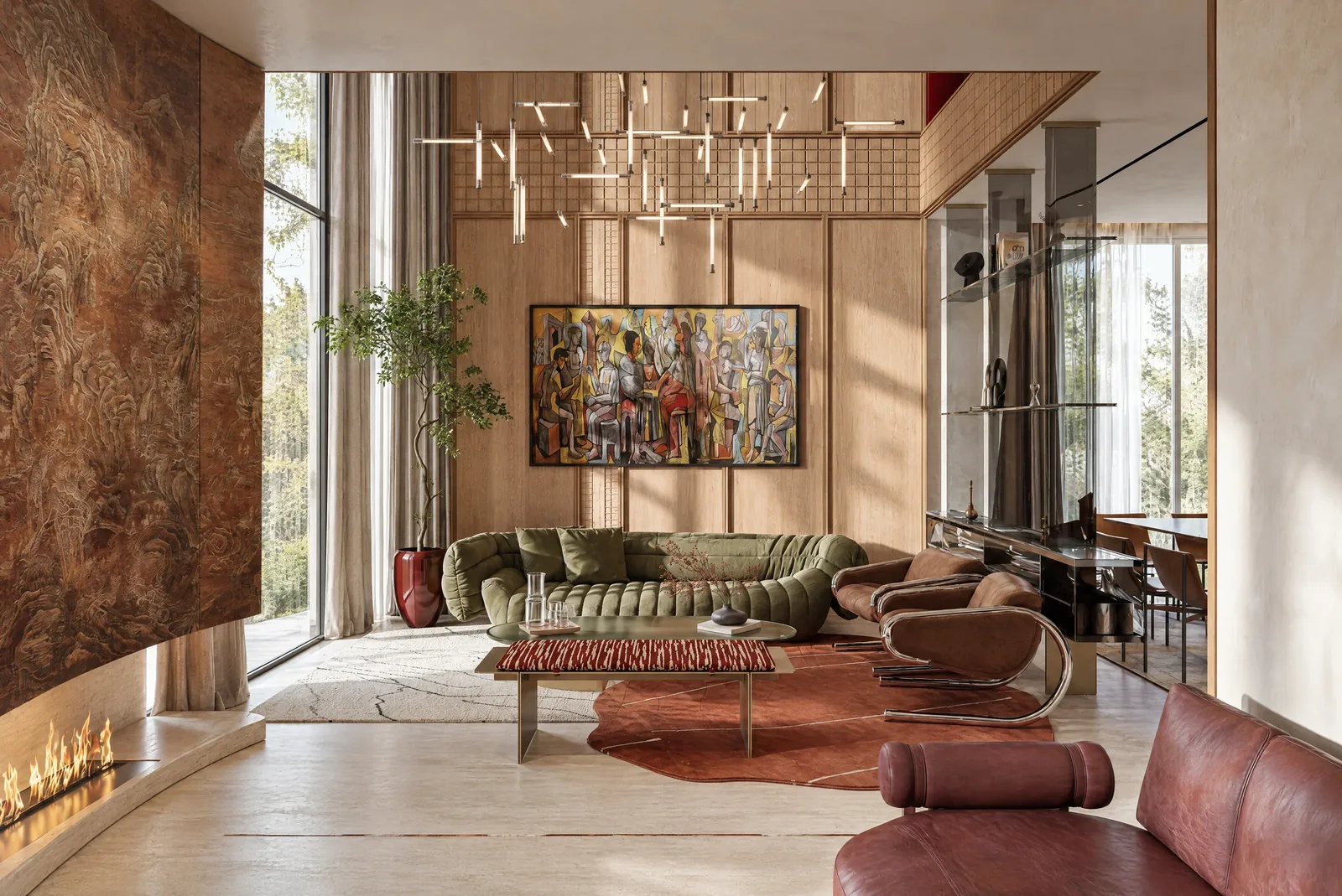 The Russet Pulse — Double-height living room with fireplace
