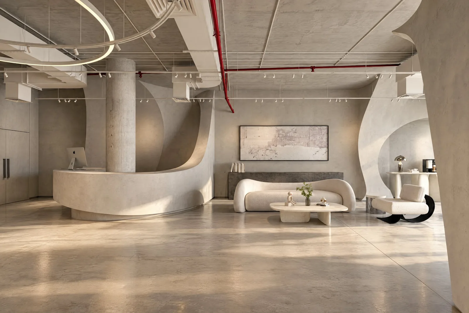 Lure Galarie — Curved reception desk and lounge beneath exposed services