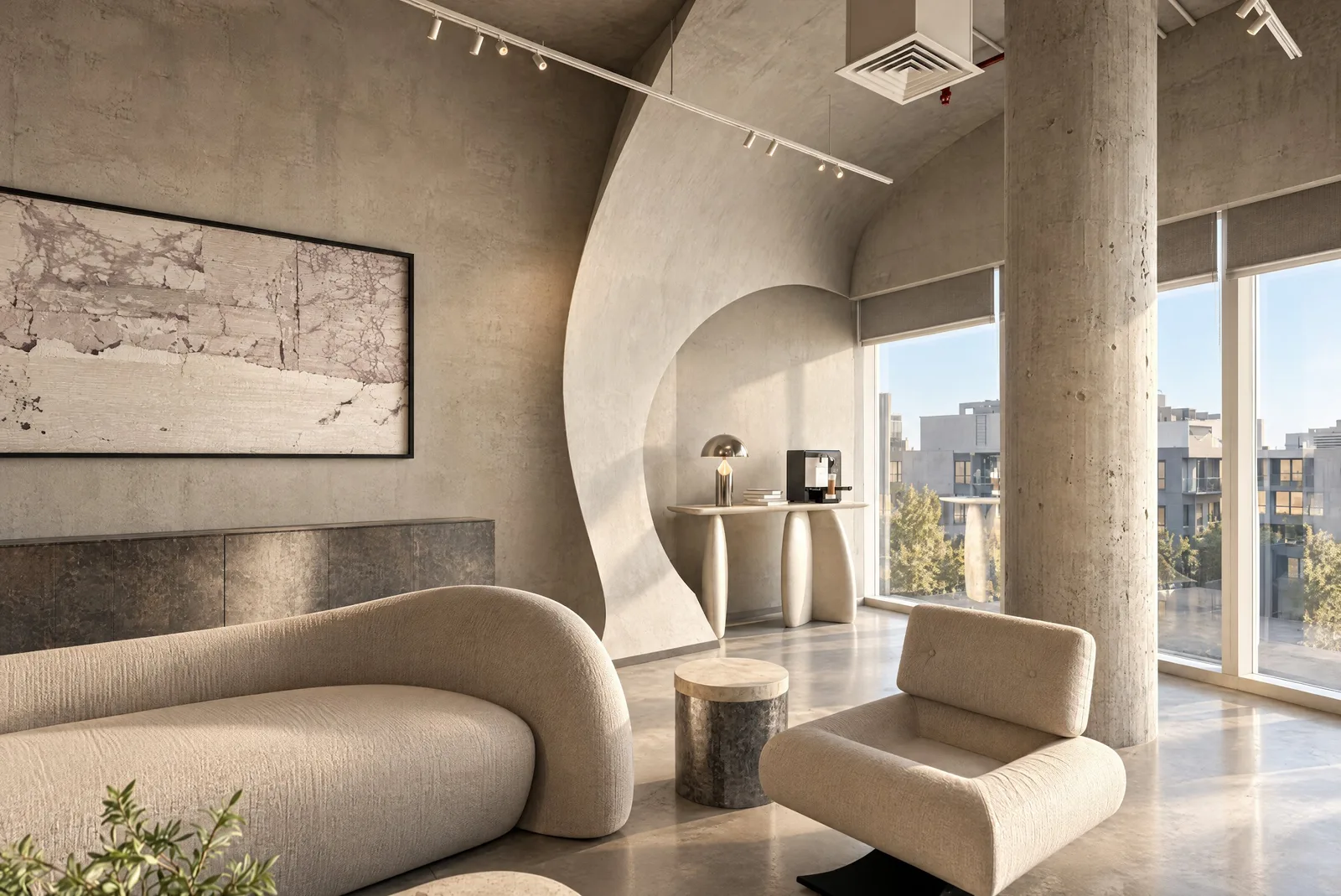Lure Galarie — Lounge with sculptural sofas by the windows