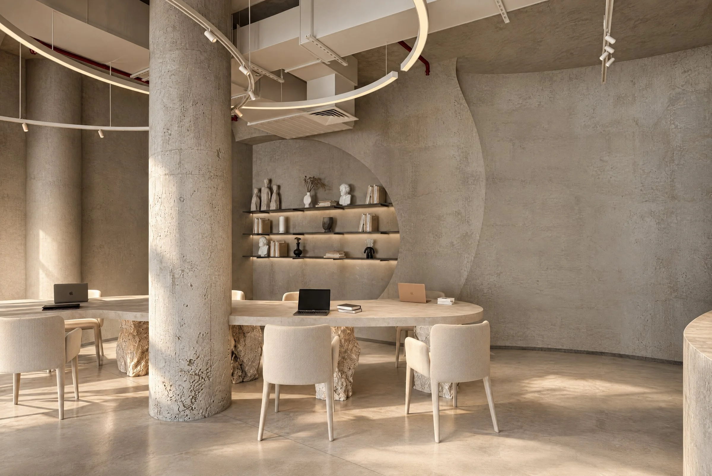 Lure Galarie — Shared table beneath a halo light