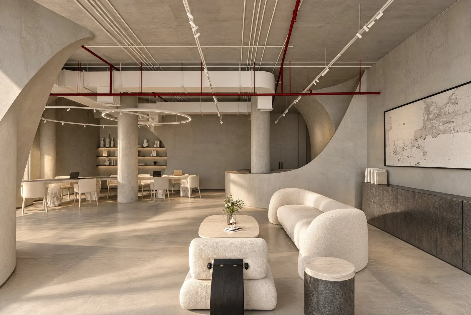 Lure Galarie — Sculptural armchairs beside the stone counter
