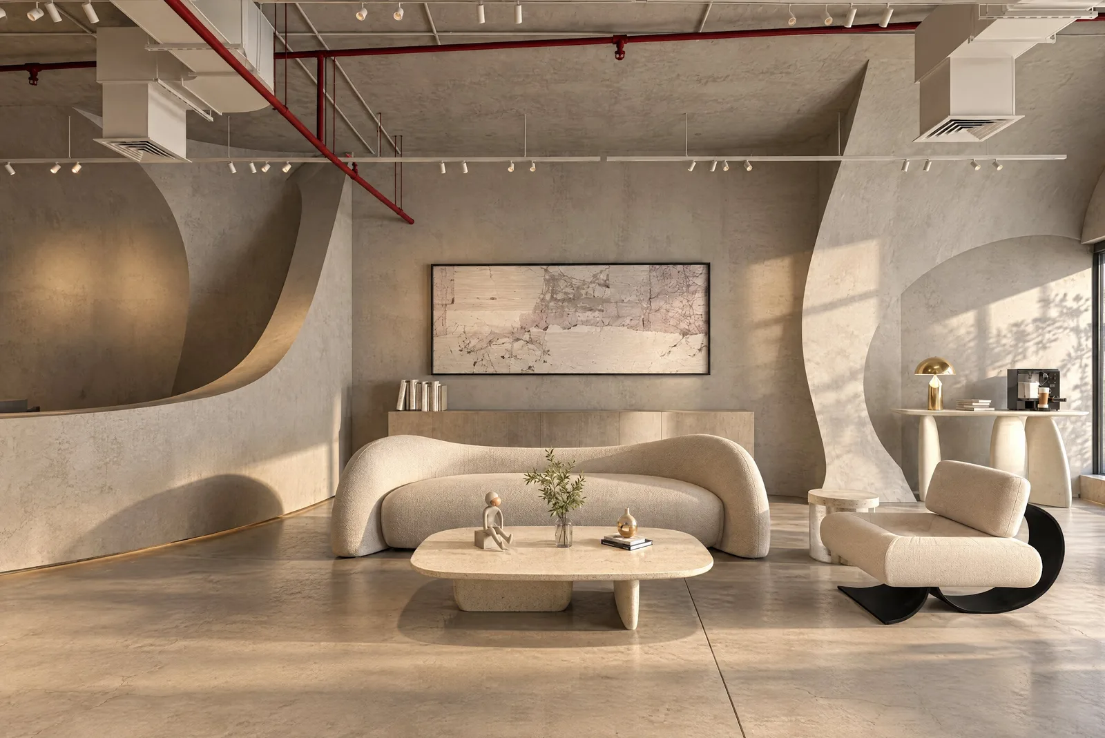 Lure Galarie — Lounge with a low sculpted sofa and artwork