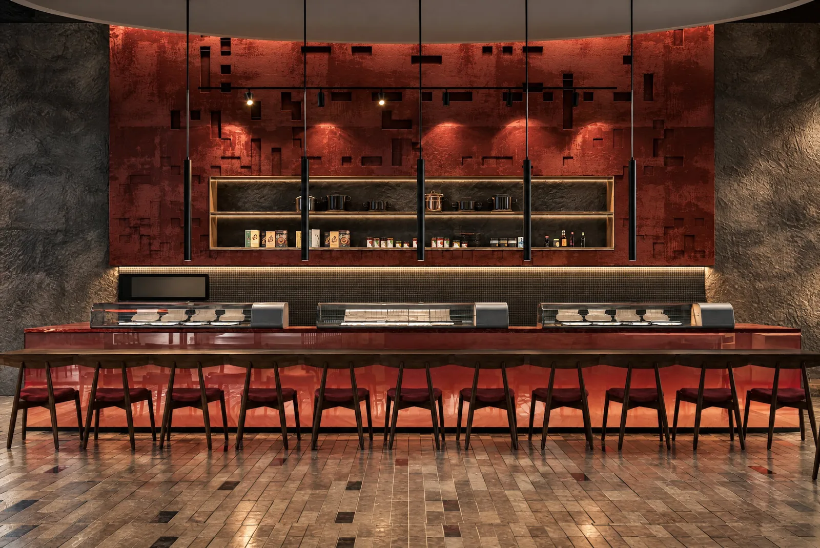Sushimi By K — Sushi counter with red lacquer shelving