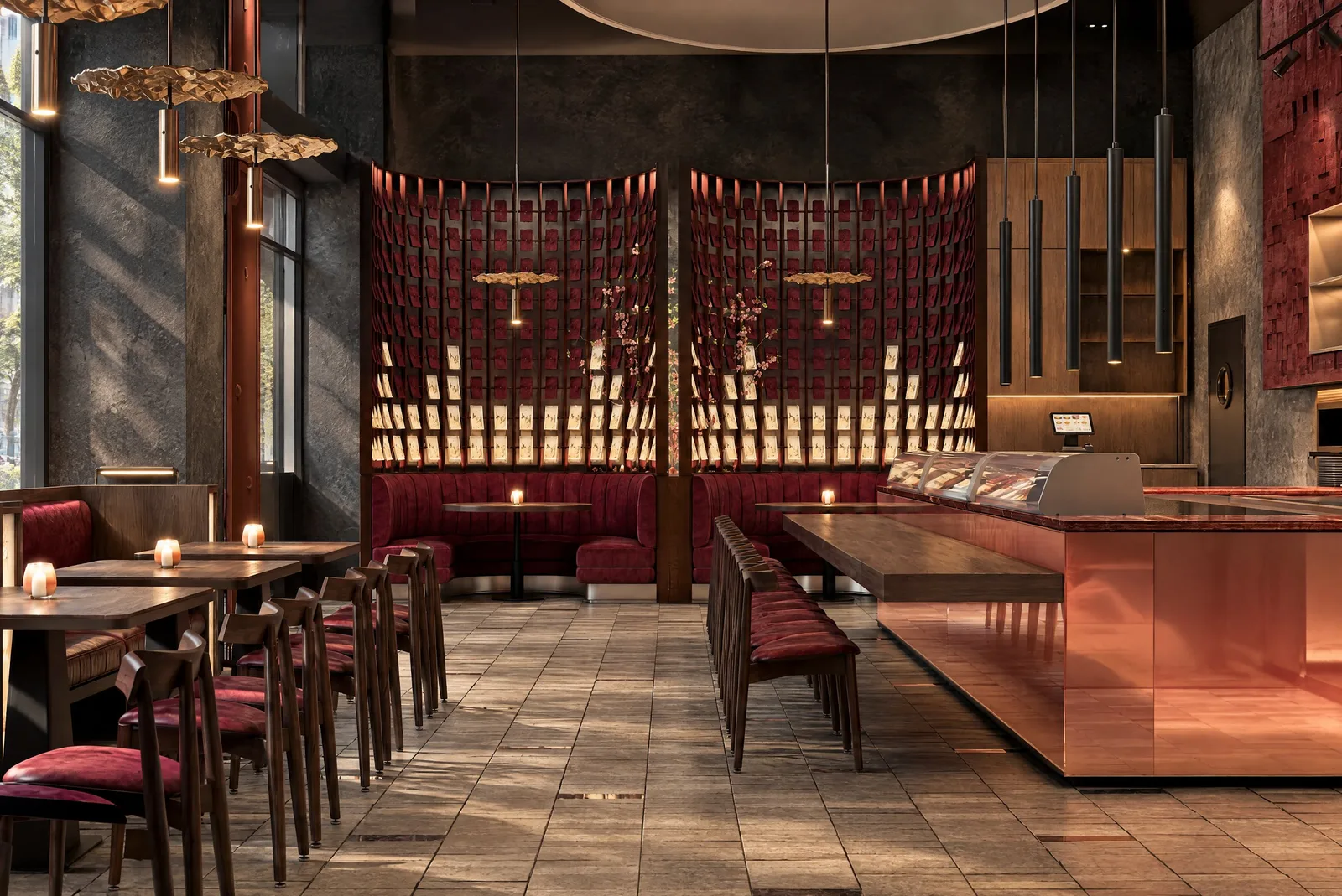 Sushimi By K — Dining room beneath red lattice screens