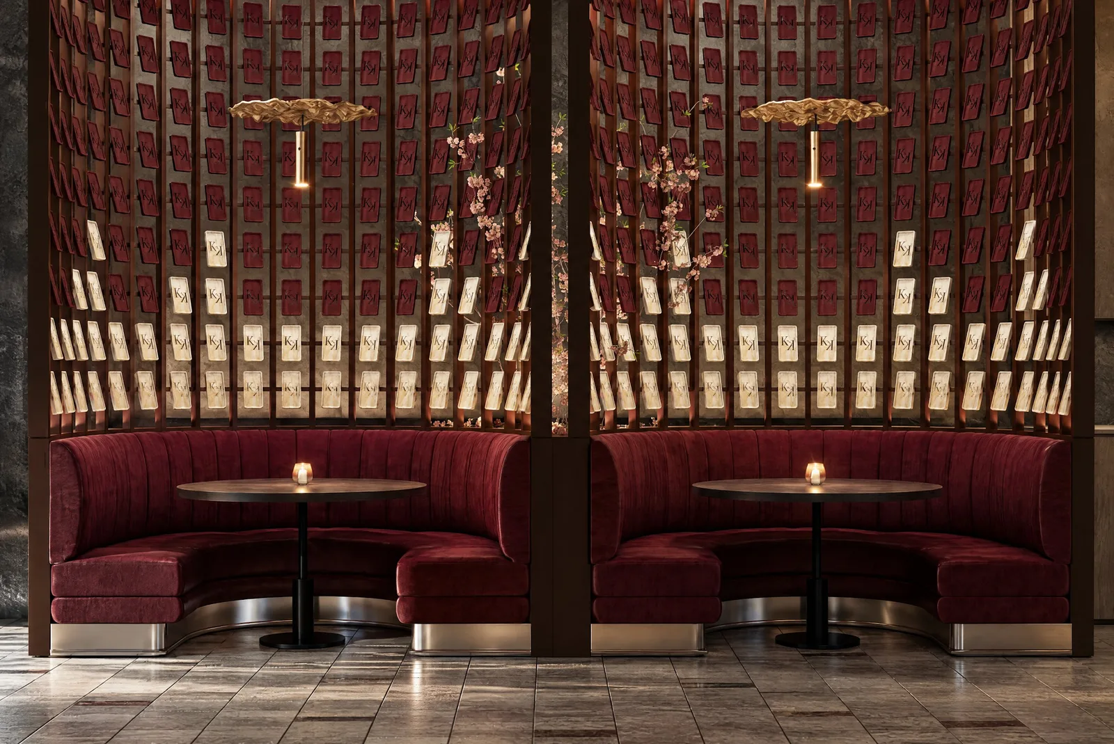 Sushimi By K — Red velvet booths beneath a lattice screen