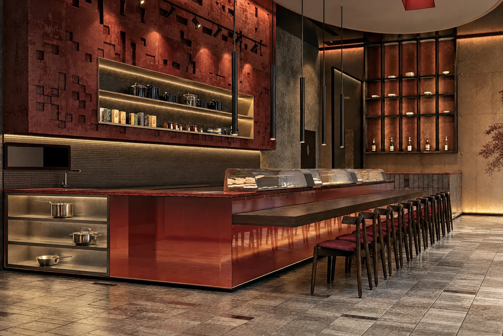 Sushimi By K — Sushi counter in red lacquer and warm light
