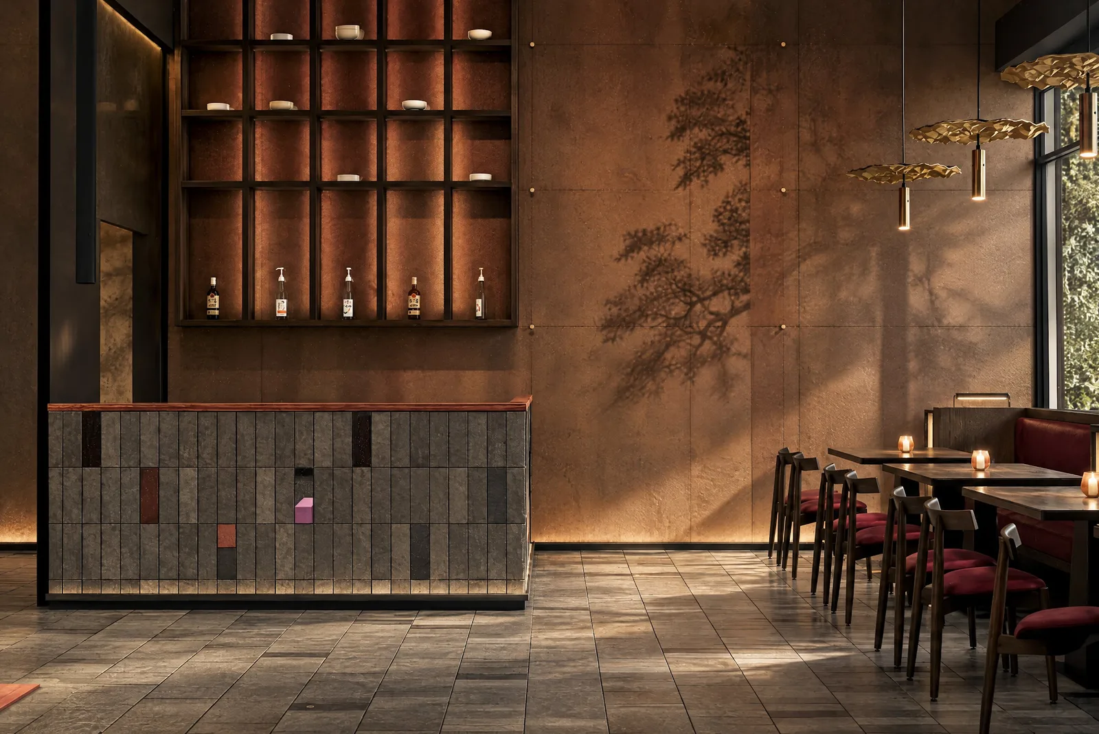 Sushimi By K — Stone counter and dining room with a botanical mural