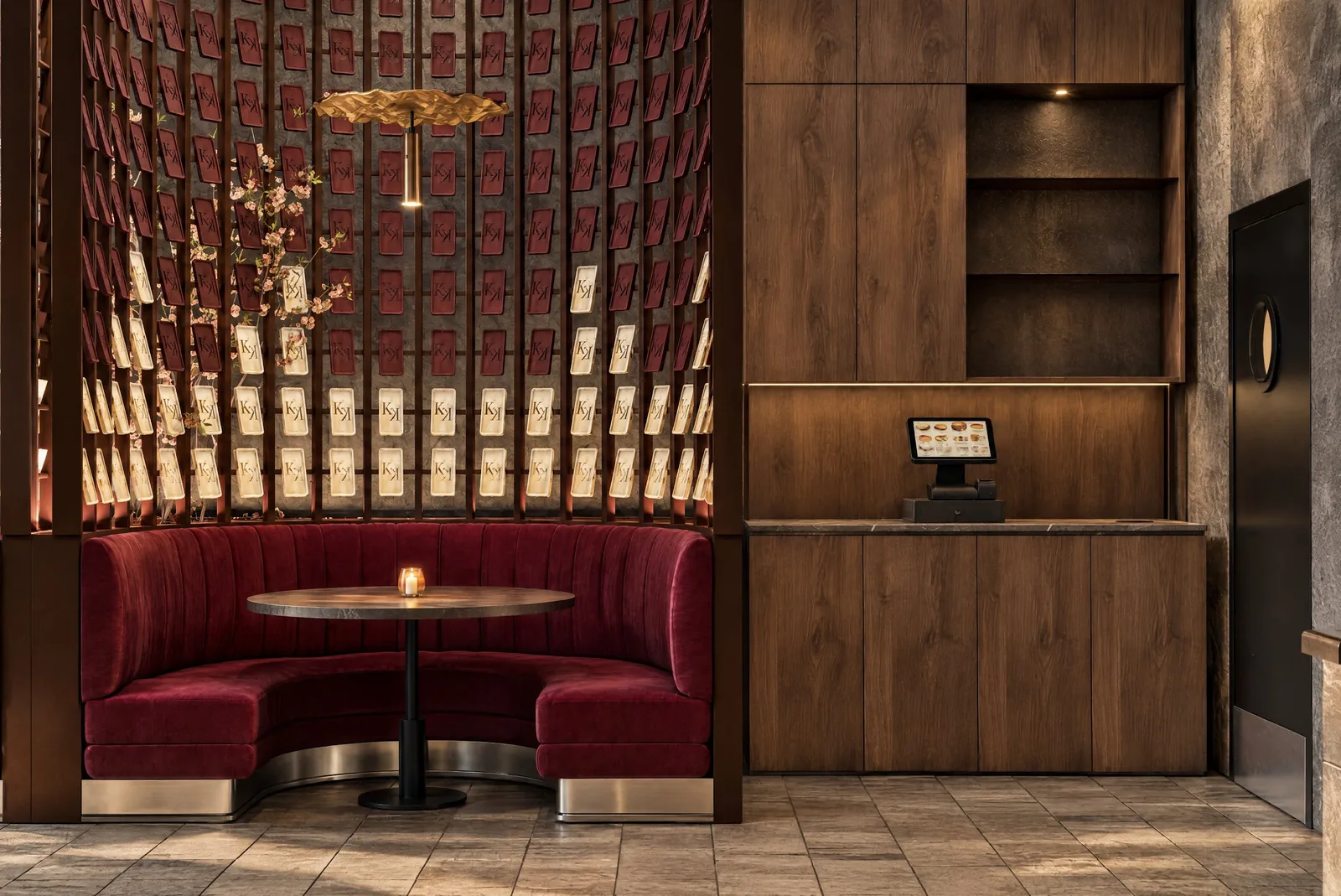 Sushimi By K — Red velvet booth beside timber cabinetry