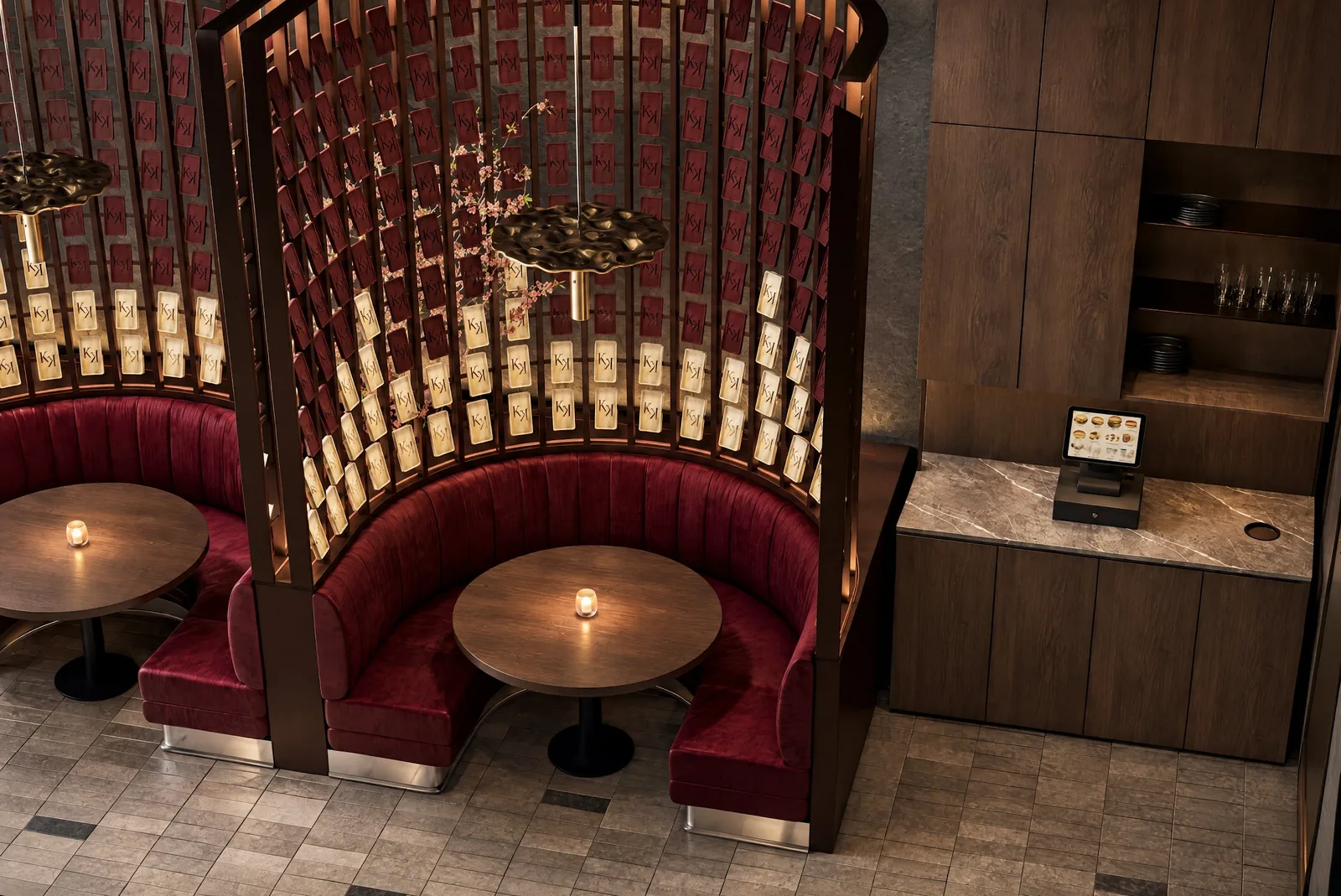 Sushimi By K — Round booth beneath a lattice screen
