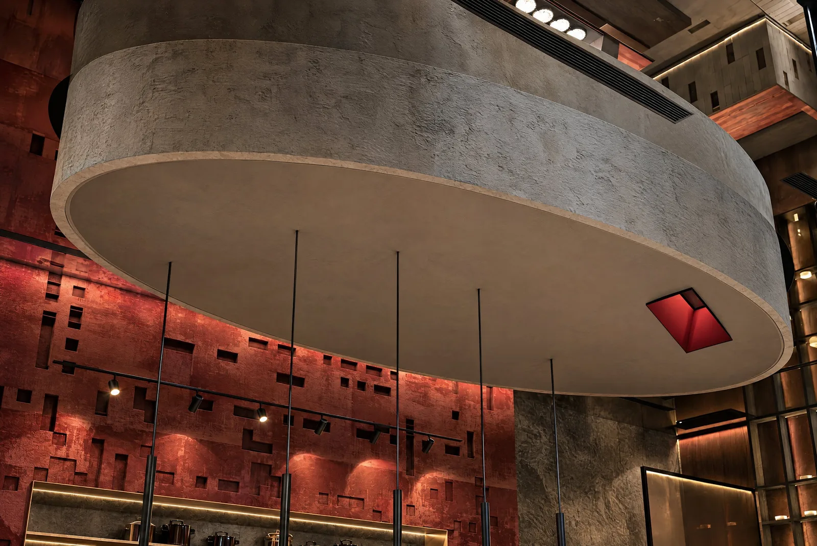 Sushimi By K — Sculpted ceiling disc above the dining room