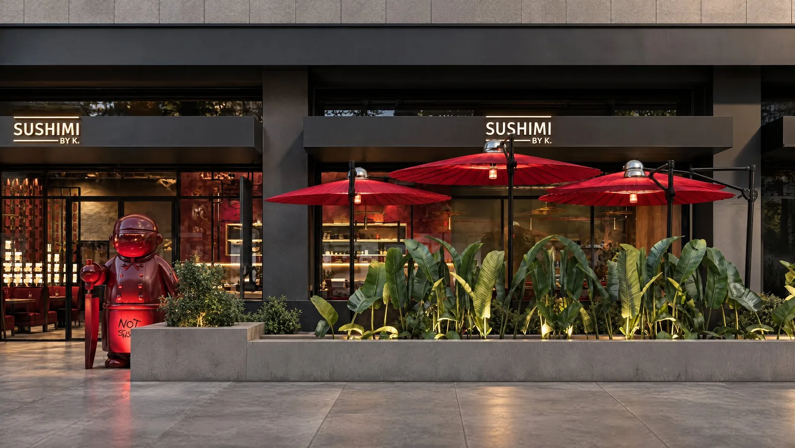 Sushimi By K — Facade with terrace and red parasols